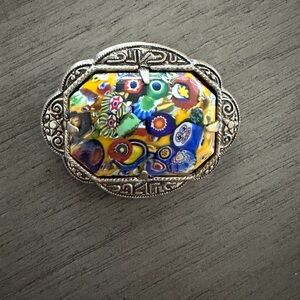 Vintage Silver Tone Mosaic Brooch - Yellow Multicolor